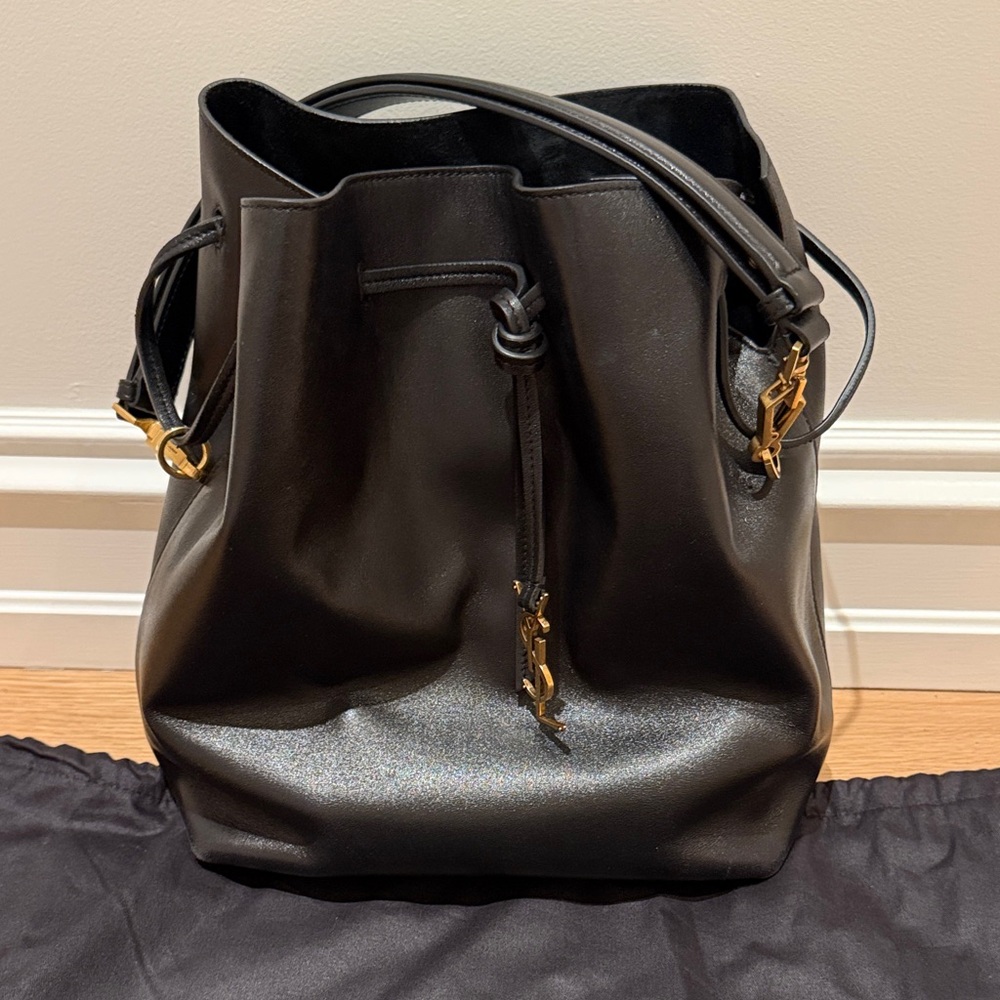 Saint Laurent Black Leather Bucket Bag with Gold Accents